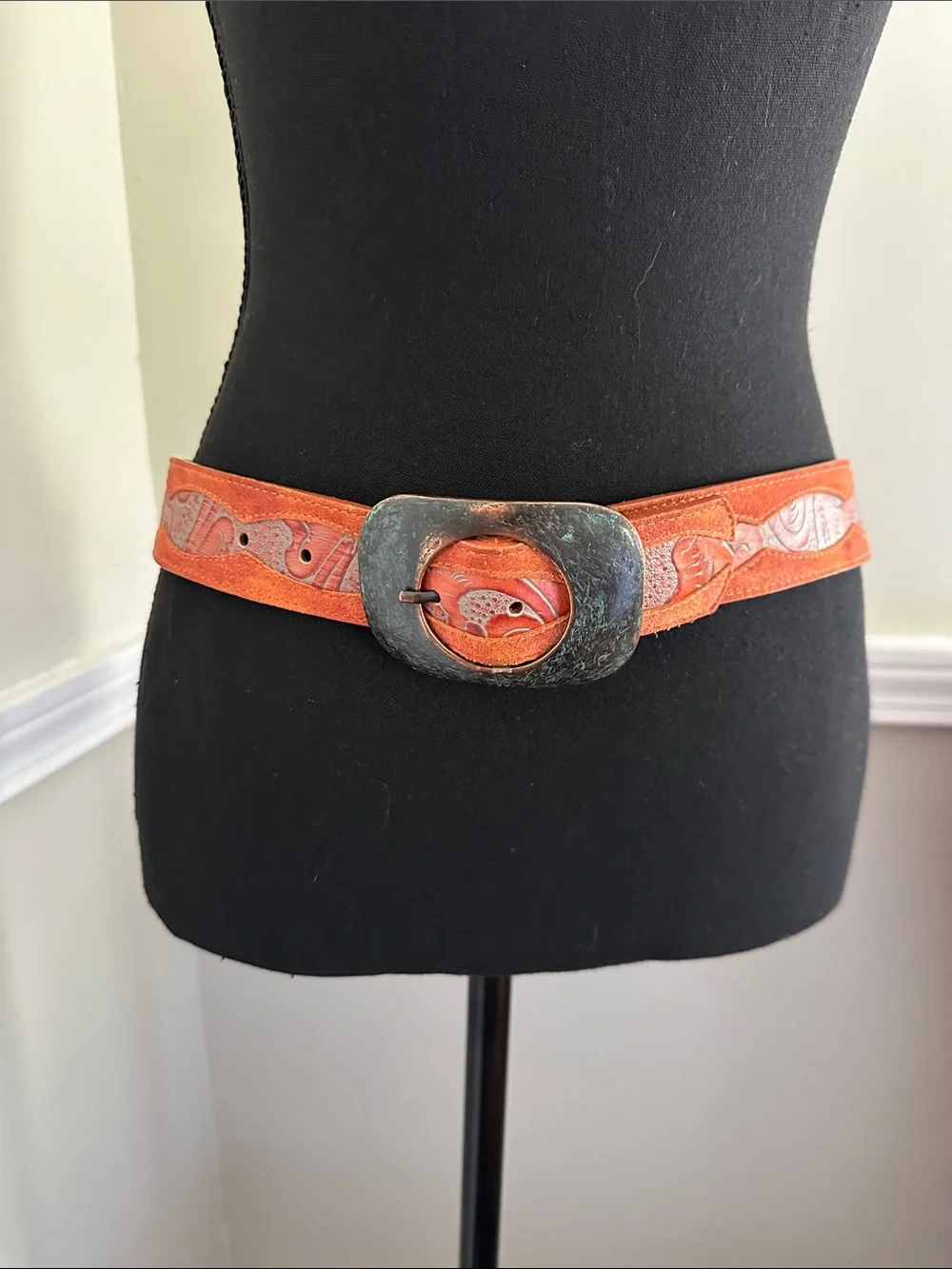Tooled Leather Belt with Antique made in Italy Metal Buckle
